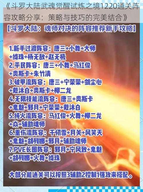 《斗罗大陆武魂觉醒试炼之境1220通关阵容攻略分享：策略与技巧的完美结合》